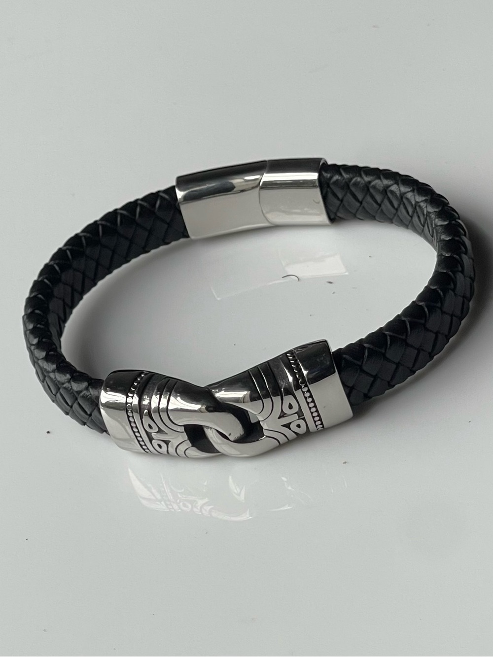 Men's Black Braided Leather Bracelet with Silver Clasp